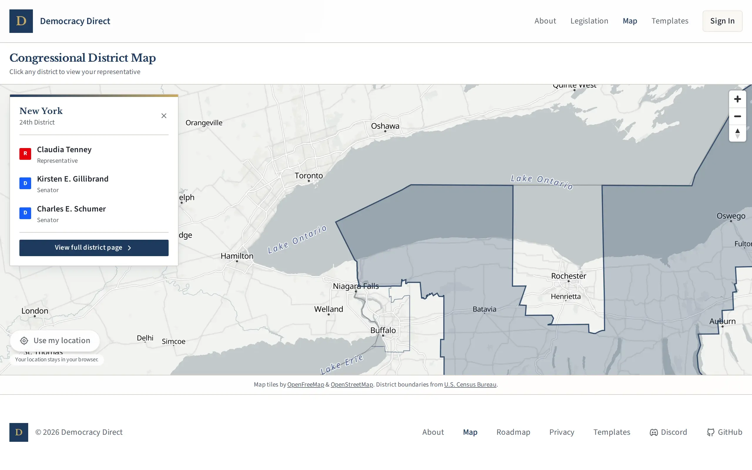Clicking a district shows your representative and senators
