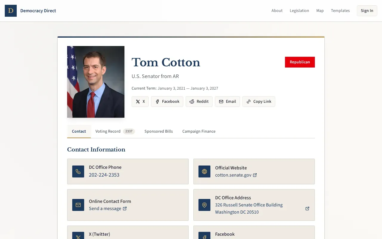 Rep profile page with tabbed interface
