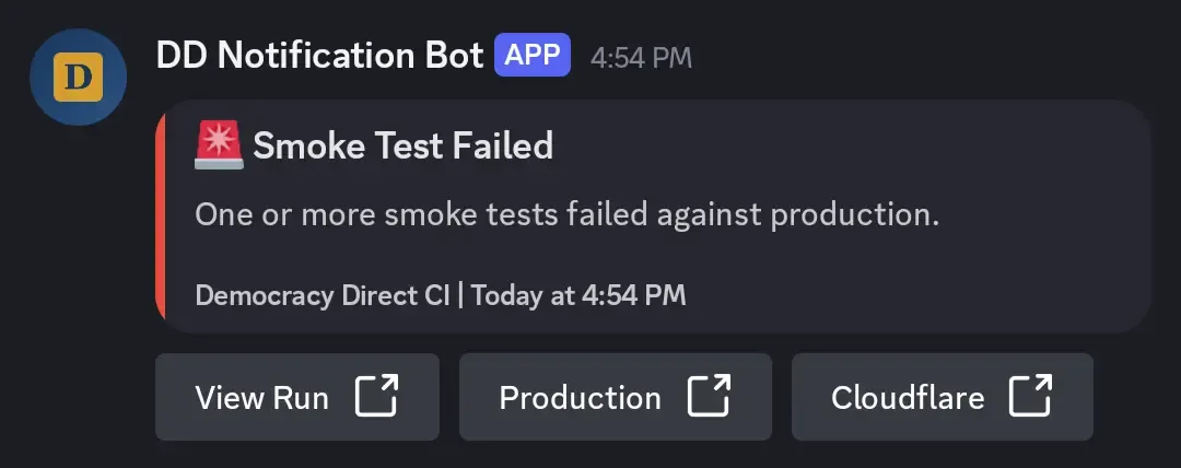 Discord notification showing failed smoke tests