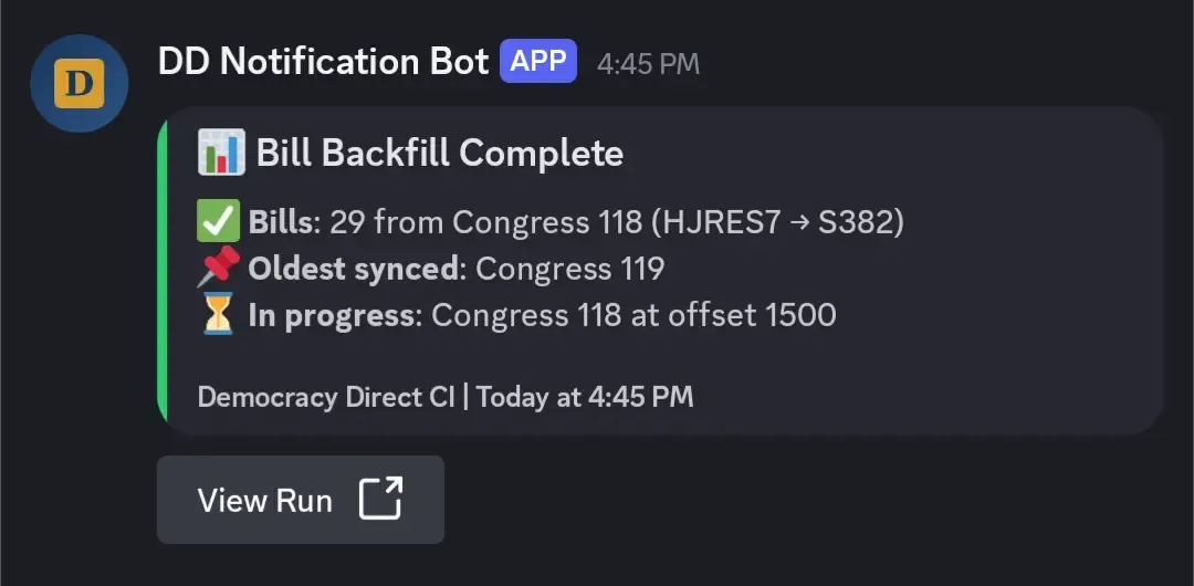 Discord notification showing data legislation backfill results
